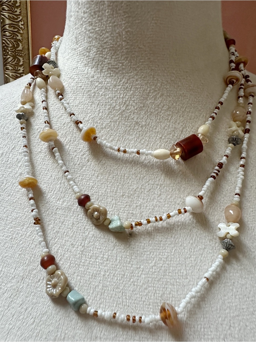 Aero Vintage Long Marine Escapism Layered White and Earth-Tone Beaded Necklace